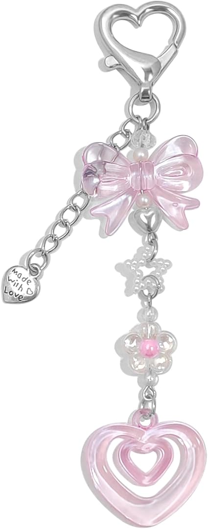Romantic Pink Bow & Heart Charm | Crystal-Style Keychain Bag Pendant, Cute and Versatile Accessory