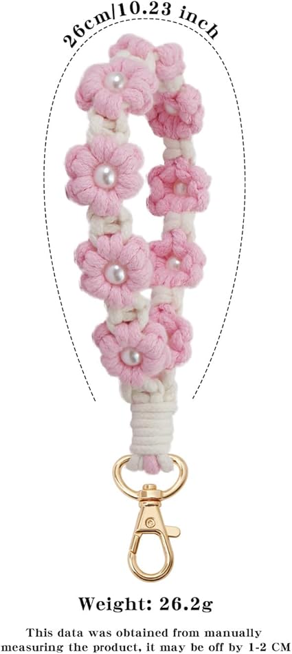 Handmade Woven Flower Keychain – Pink Pearl Floral Charm Bag Pendant for Women, Cute Cotton Rope Key Holder