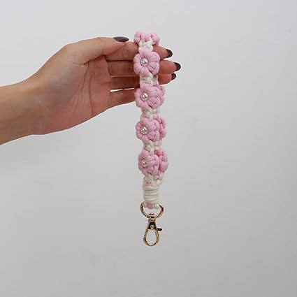 Handmade Woven Flower Keychain – Pink Pearl Floral Charm Bag Pendant for Women, Cute Cotton Rope Key Holder