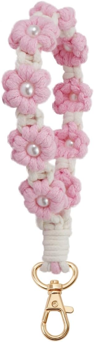 Handmade Woven Flower Keychain – Pink Pearl Floral Charm Bag Pendant for Women, Cute Cotton Rope Key Holder