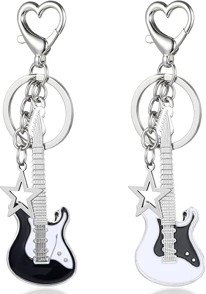 Rock Guitar Keychain – Creative Couple Bag Charm with Heart Clasp and Star Pendant, Stylish Gift for Music Lovers