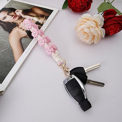 Handmade Woven Flower Keychain – Pink Pearl Floral Charm Bag Pendant for Women, Cute Cotton Rope Key Holder
