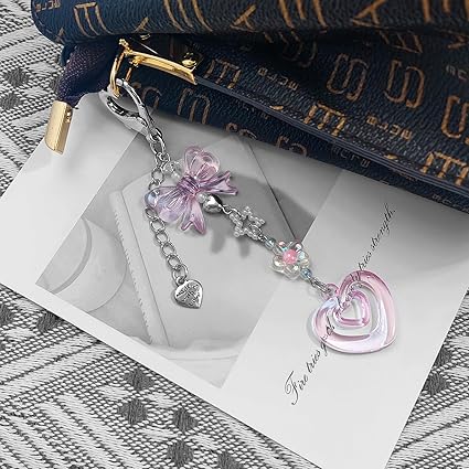 Romantic Pink Bow & Heart Charm | Crystal-Style Keychain Bag Pendant, Cute and Versatile Accessory