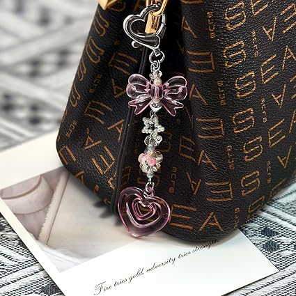 Romantic Pink Bow & Heart Charm | Crystal-Style Keychain Bag Pendant, Cute and Versatile Accessory