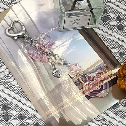 Romantic Pink Bow & Heart Charm | Crystal-Style Keychain Bag Pendant, Cute and Versatile Accessory